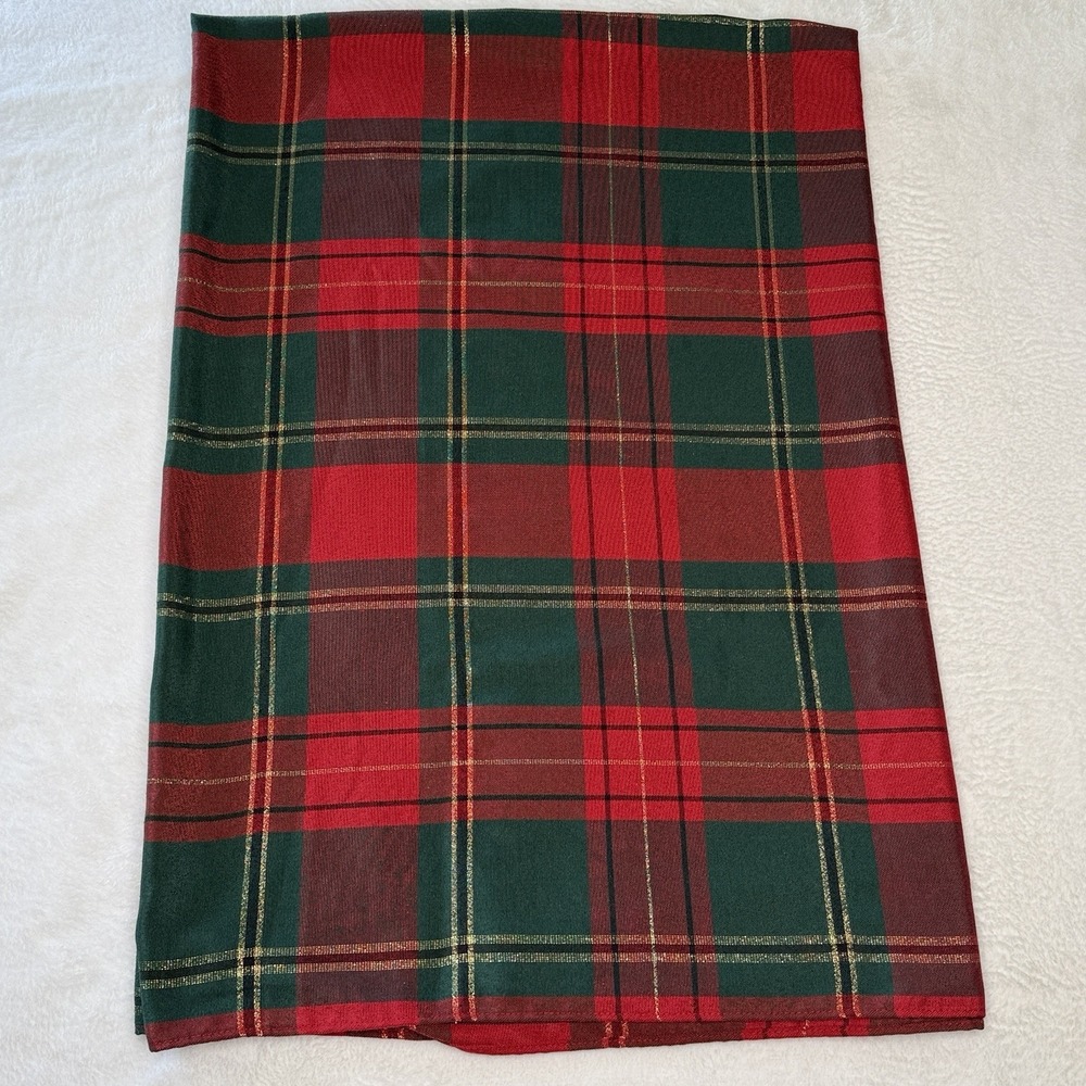 Red Green Gold Tartan Plaid Tablecloth 59x83 Christmas Holiday Metallic Shine